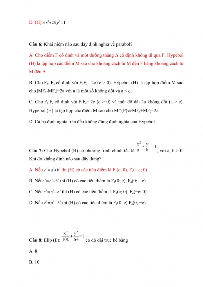 Trắc nghiệm toán 10 cánh diều Chương 7 Bài 6: ba đường conic