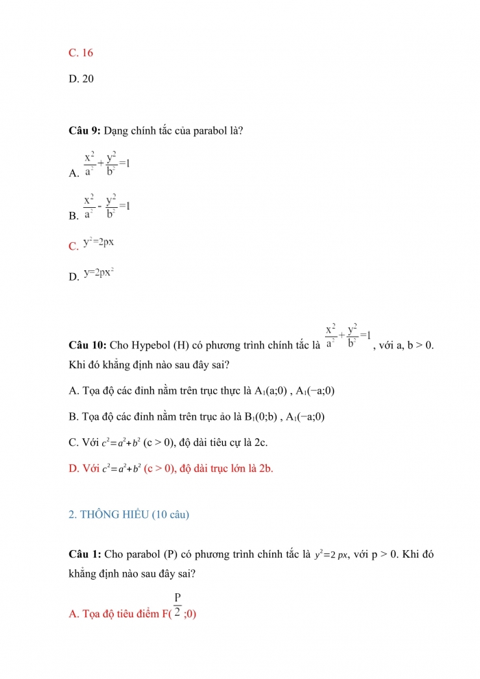 Trắc nghiệm toán 10 cánh diều Chương 7 Bài 6: ba đường conic