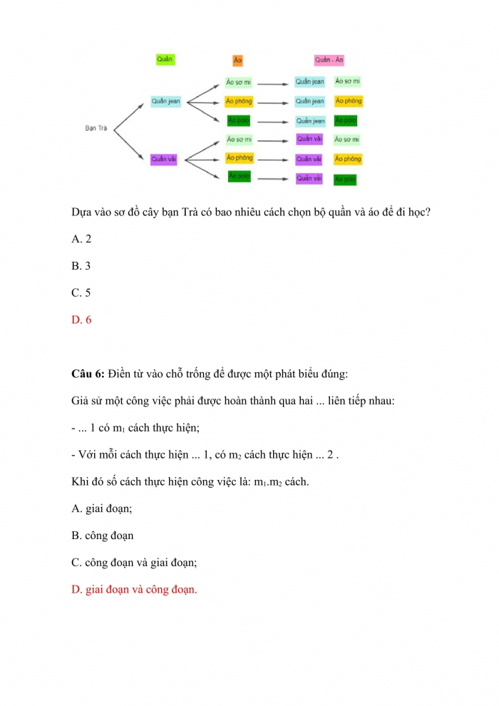 Trắc nghiệm toán 10 chân trời sáng tạo Chương 8 Bài 1: quy tắc cộng và quy tắc nhân