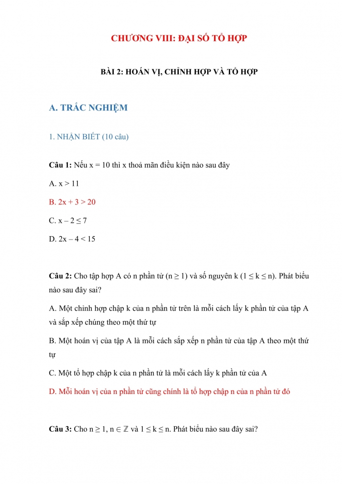 Trắc nghiệm toán 10 chân trời sáng tạo Chương 8 Bài 2: hoán vị, chỉnh hợp và tổ hợp