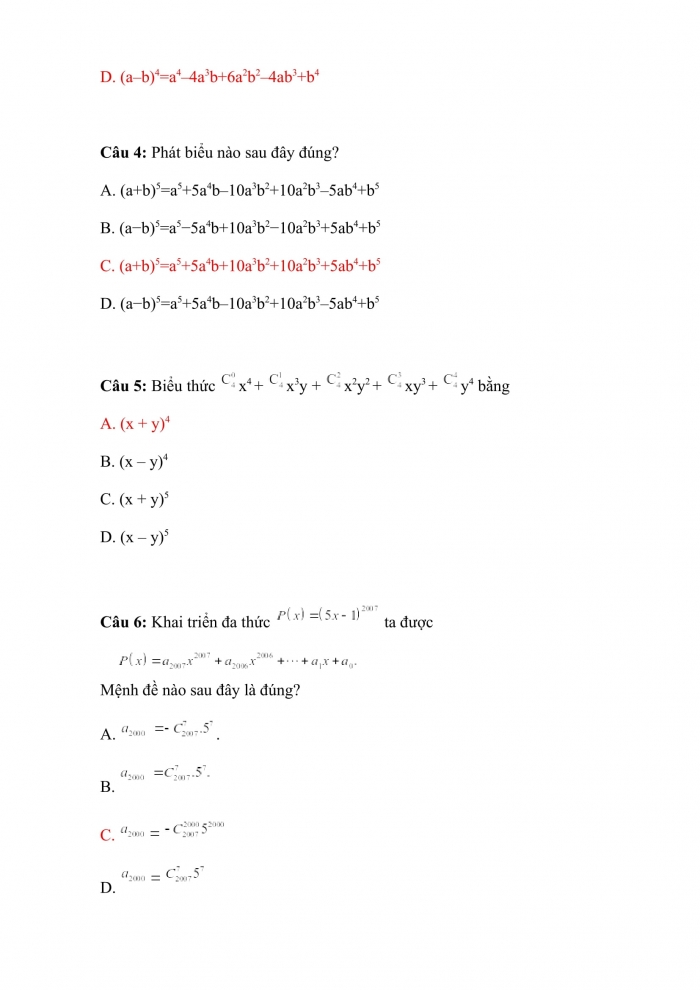 Trắc nghiệm toán 10 chân trời sáng tạo Chương 8 Bài 3: nhị thức newton