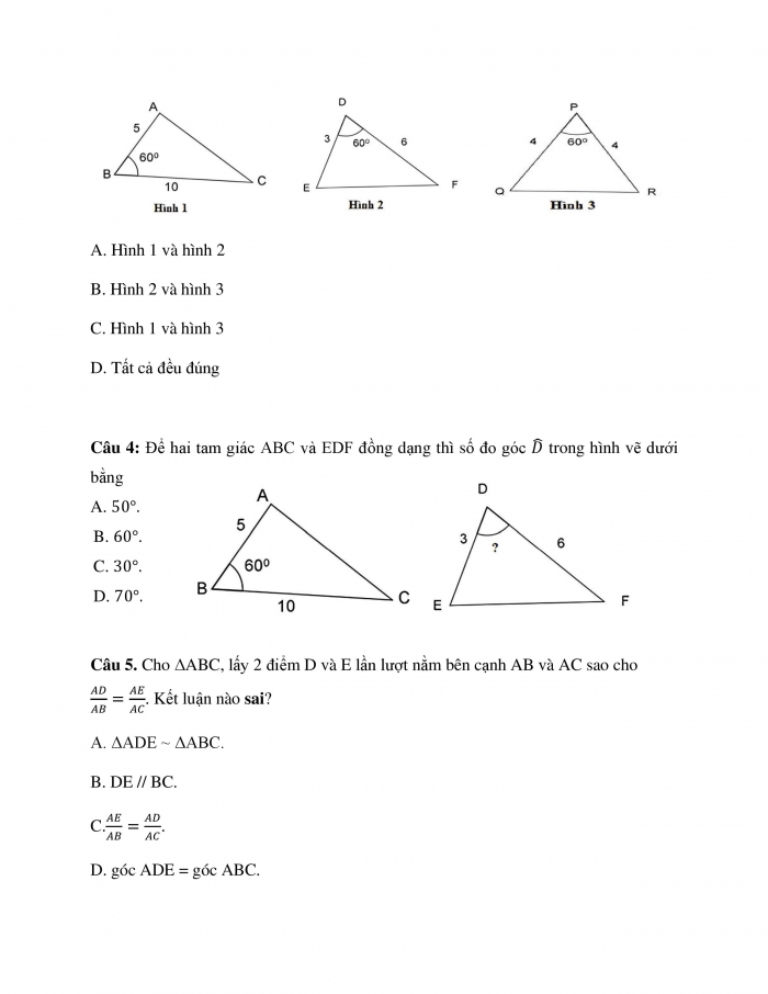 Phiếu trắc nghiệm Toán 8 cánh diều Chương 8 Bài 7: Trường hợp đồng dạng thứ hai của tam giác 