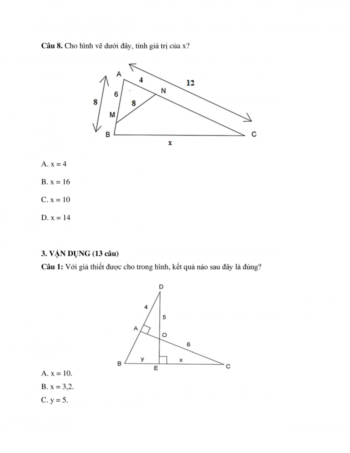 Phiếu trắc nghiệm Toán 8 cánh diều Chương 8 Bài 7: Trường hợp đồng dạng thứ hai của tam giác 
