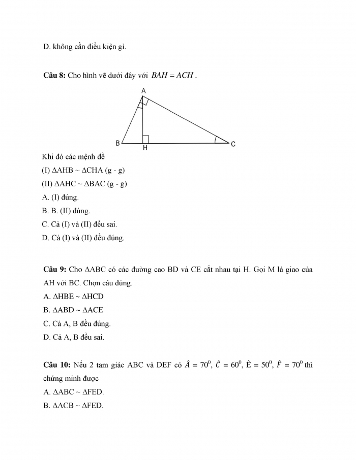 Phiếu trắc nghiệm Toán 8 cánh diều Chương 8 Bài 8: Trường hợp đồng dạng thứ ba của tam giác
