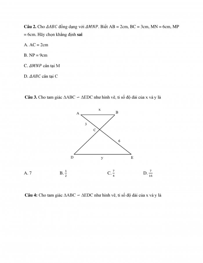 Phiếu trắc nghiệm Toán 8 cánh diều Chương 8 Bài 8: Trường hợp đồng dạng thứ ba của tam giác