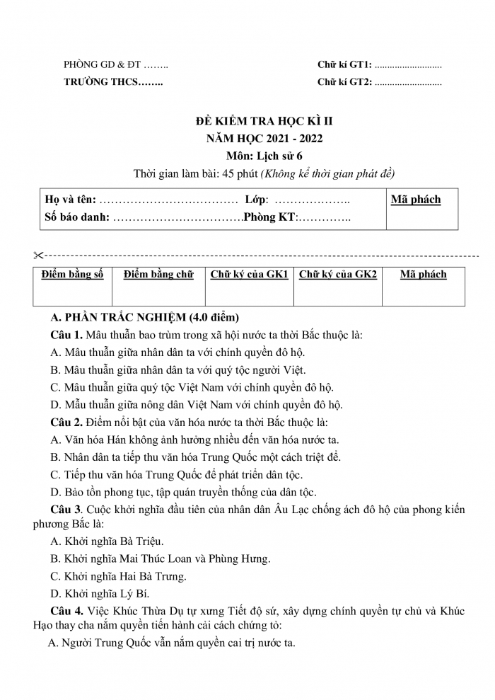 Đề kiểm tra cuối kì 2 lịch sử 6 chân trời sáng tạo