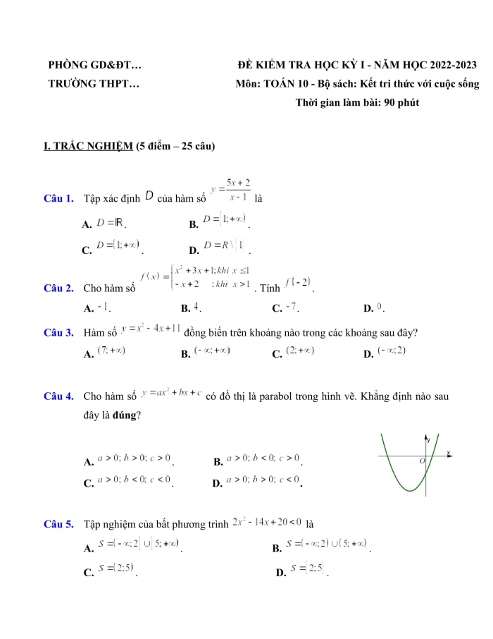 Đề thi cuối kì 2 toán 10 kết nối tri thức (Đề số 1)