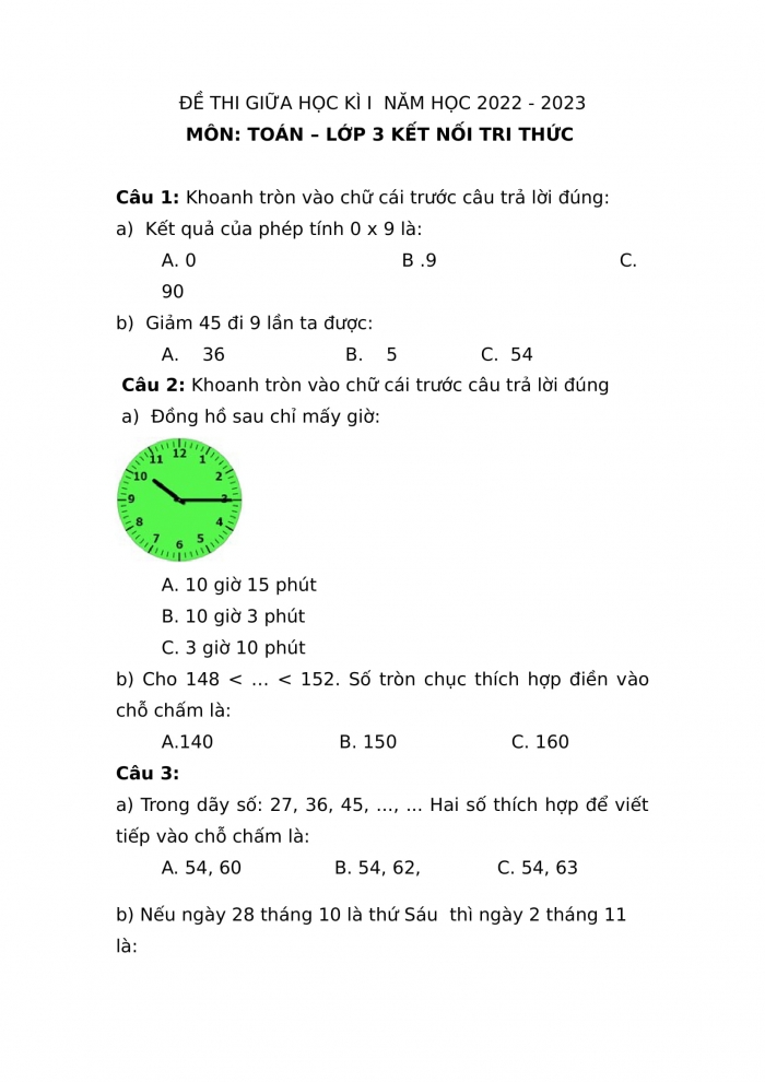 Đề thi giữa kì 1 toán 3 kết nối tri thức (Đề số 1)