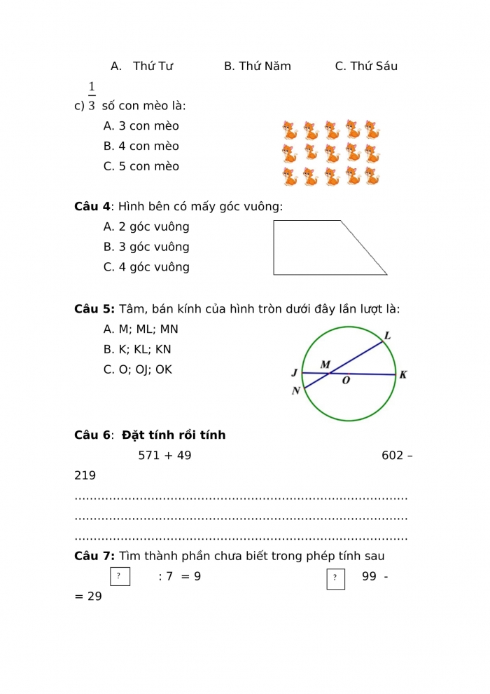 Đề thi giữa kì 1 toán 3 kết nối tri thức (Đề số 1)