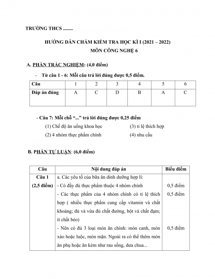 Đề kiểm tra kì 1 công nghệ 6 chân trời sáng tạo