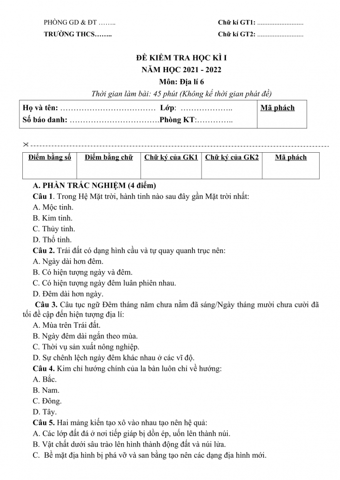 Đề kiểm tra kì 1 địa lí 6 chân trời sáng tạo