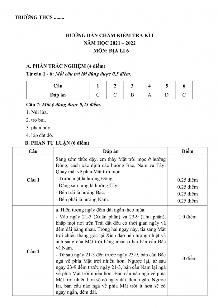 Đề kiểm tra kì 1 địa lí 6 chân trời sáng tạo