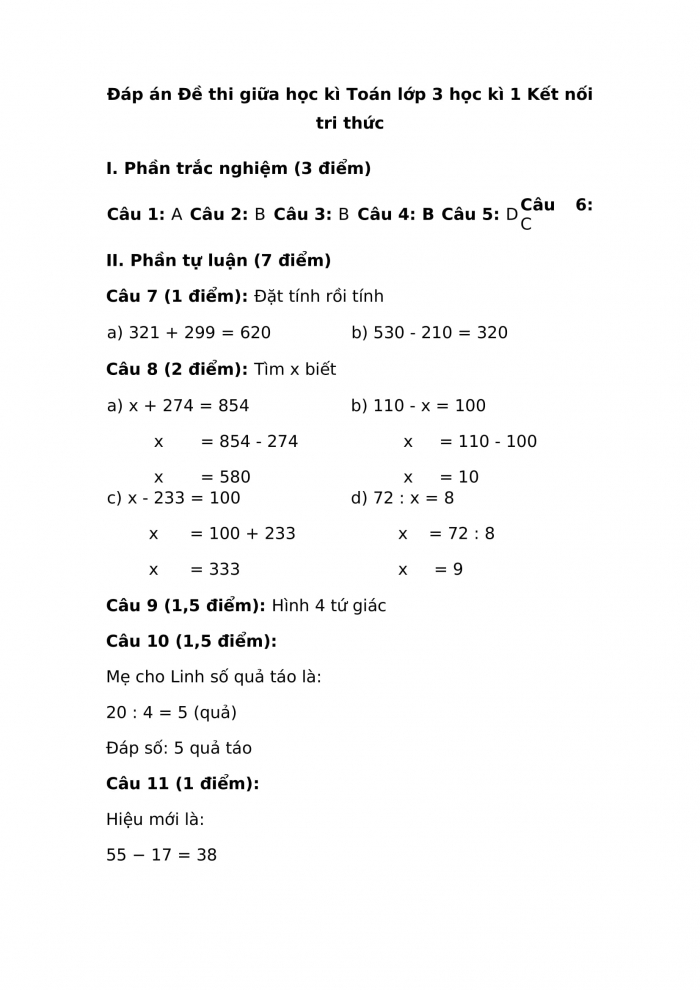 Đề thi giữa kì 1 toán 3 kết nối tri thức (Đề số 2)