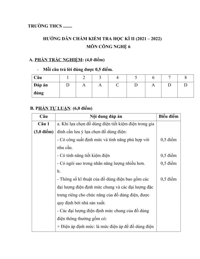 Đề kiểm tra cuối kì 2 công nghệ 6 chân trời sáng tạo