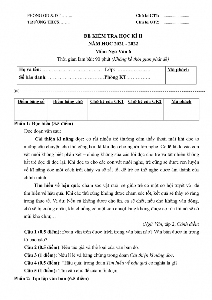Đề kiểm tra cuối kì 2 ngữ văn 6 cánh diều