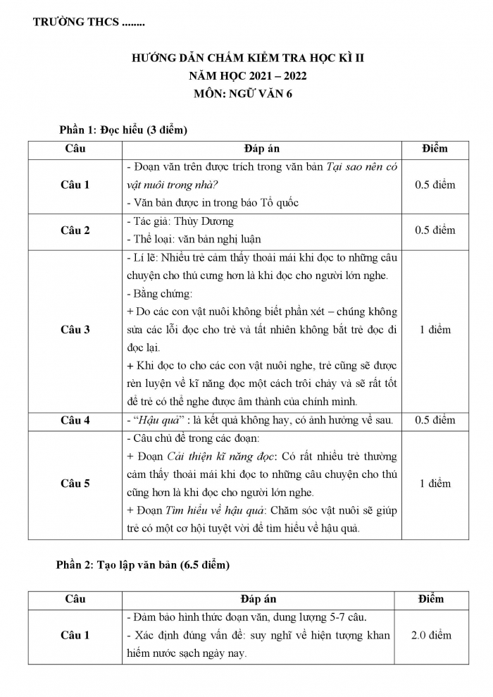 Đề kiểm tra cuối kì 2 ngữ văn 6 cánh diều