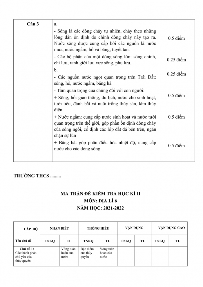 Đề kiểm tra cuối kì 2 địa lí 6 cánh diều