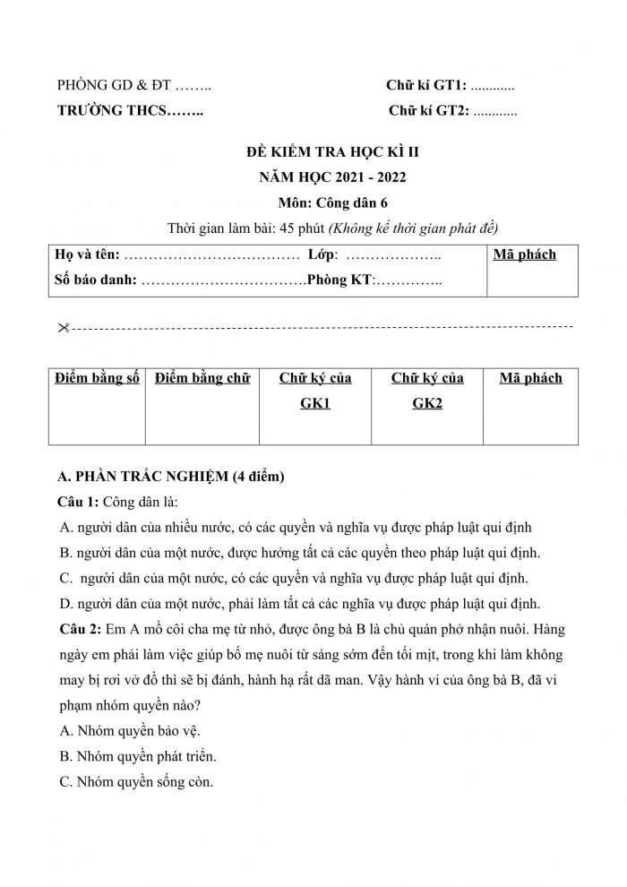 Đề kiểm tra cuối kì 2 công dân 6 cánh diều