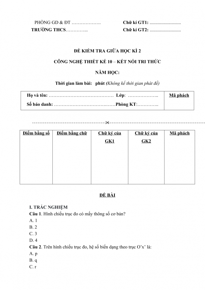 Đề thi giữa kì 2 thiết kế công nghệ 10 kết nối tri thức (Đề số 3)