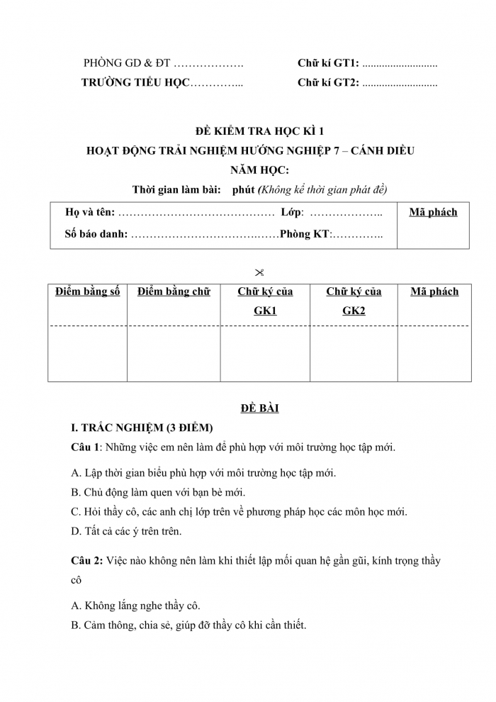 Đề thi cuối kì 1 Hoạt động trải nghiệm 7 cánh diều (Đề số 2)