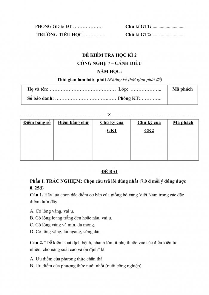 Đề thi cuối kì 2 công nghệ 7 cánh diều (Đề số 9)