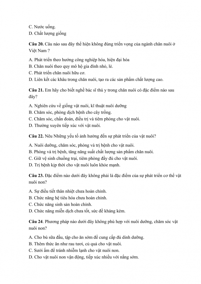 Đề thi cuối kì 2 công nghệ 7 cánh diều (Đề số 9)