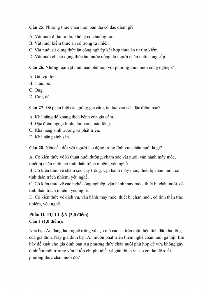 Đề thi cuối kì 2 công nghệ 7 cánh diều (Đề số 9)