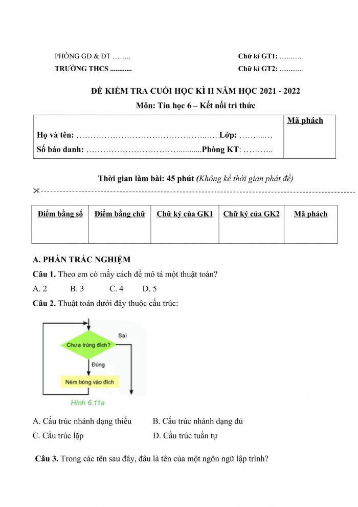 Đề kiểm tra cuối kì 2 tin học 6 kết nối tri thức