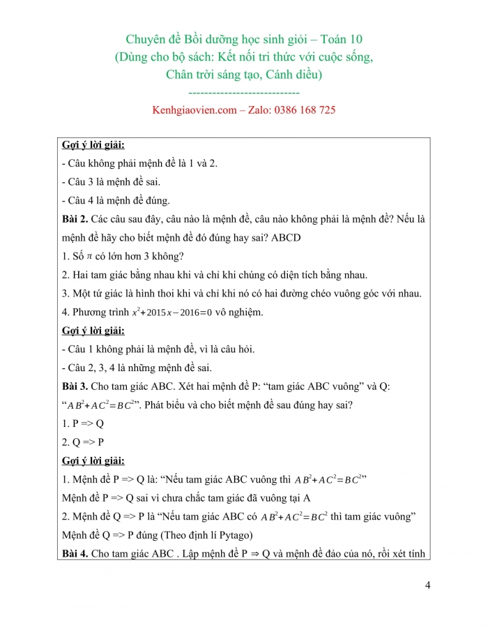 Giáo án bồi dưỡng học sinh giỏi Toán 10