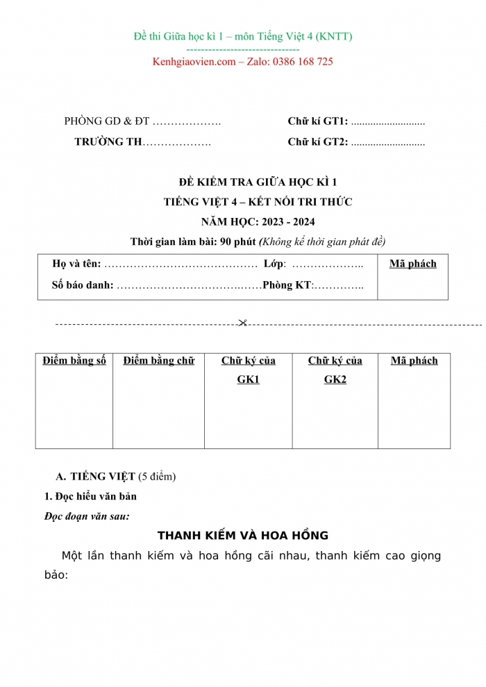 Đề kiểm tra, đề thi mẫu môn tiếng việt 4 kết nối tri thức