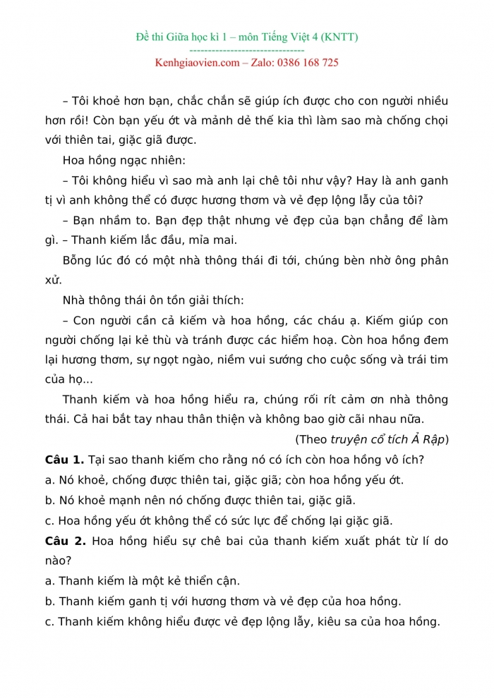 Đề kiểm tra, đề thi mẫu môn tiếng việt 4 kết nối tri thức