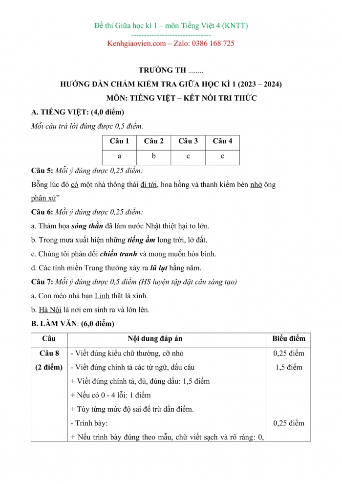Đề kiểm tra, đề thi mẫu môn tiếng việt 4 kết nối tri thức
