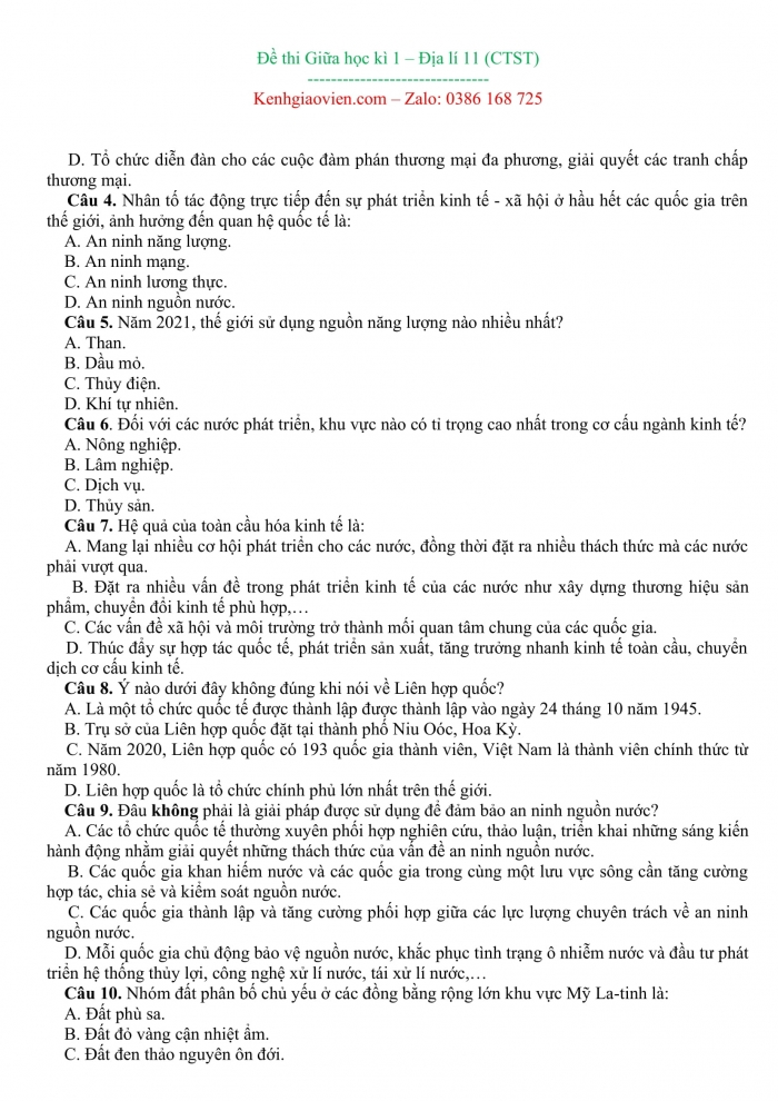 Đề thi địa lí 11 chân trời sáng tạo có ma trận