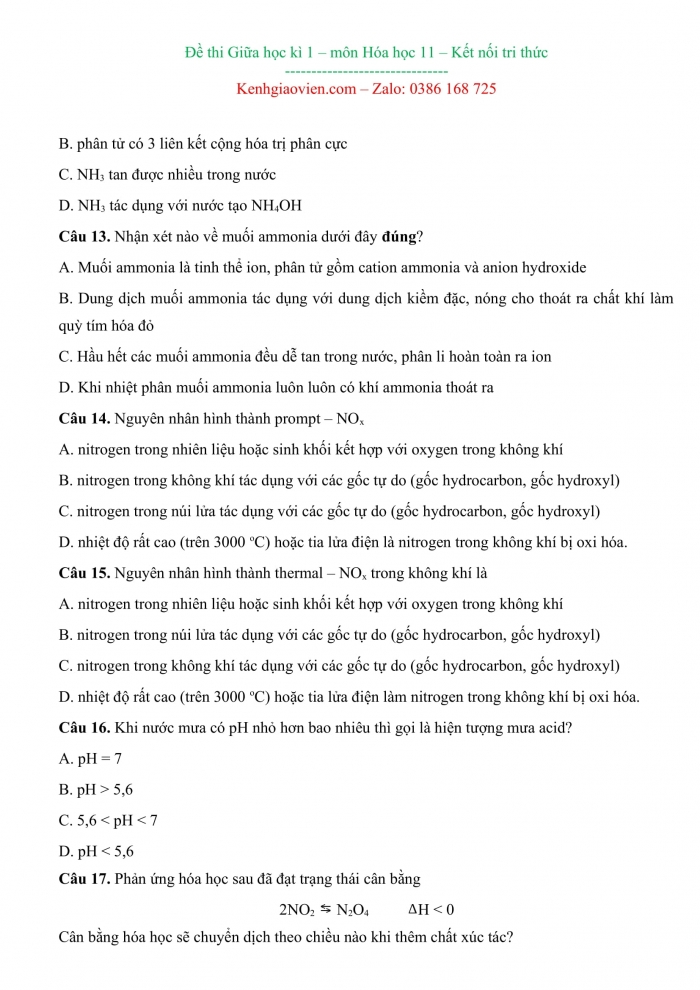 Đề kiểm tra, đề thi mẫu môn Hóa học 11 kết nối tri thức