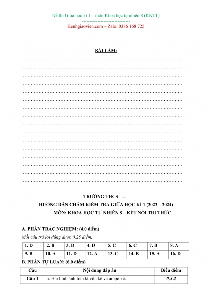 Đề kiểm tra, đề thi mẫu môn Khoa học tự nhiên 8 chân trời sáng tạo