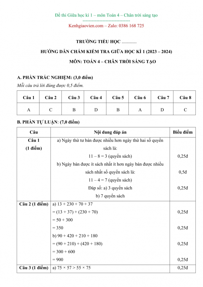 Đề thi toán 4 chân trời sáng tạo có ma trận