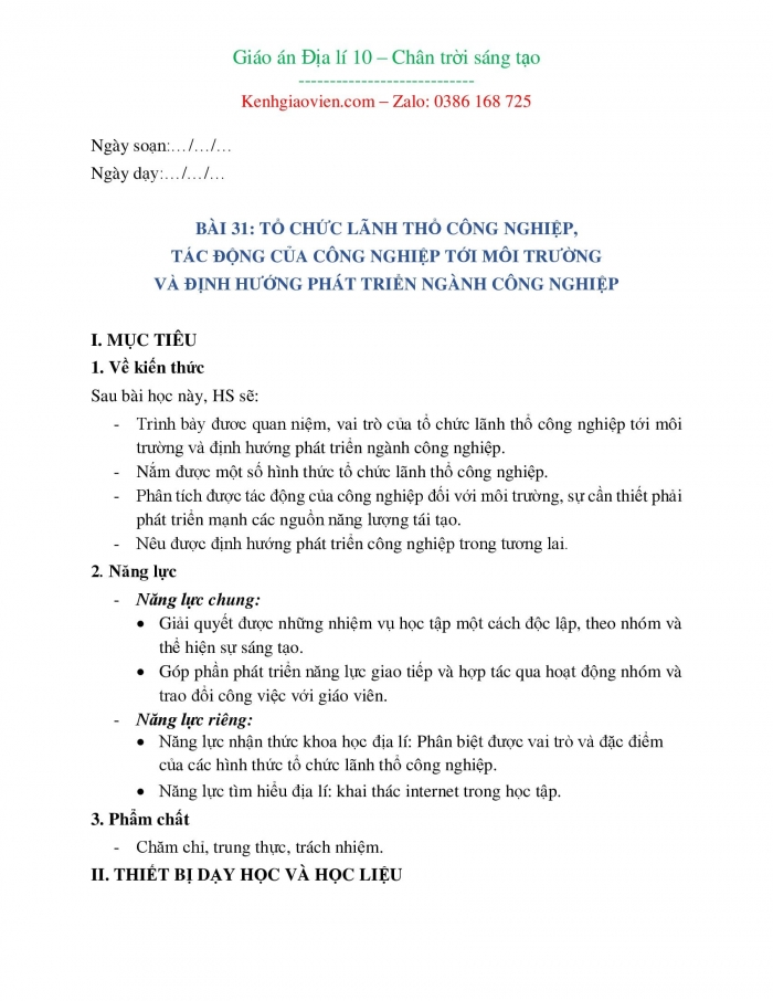 Giáo án địa lí 10 chân trời sáng tạo (bản word)