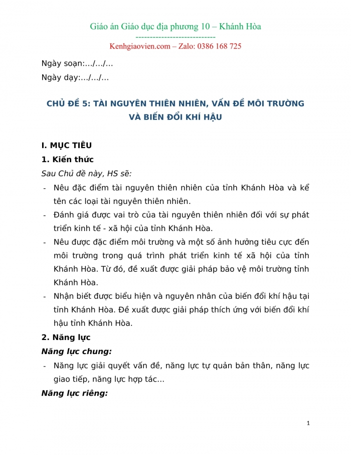 Tài liệu giáo dục địa phương lớp 10 Khánh Hòa
