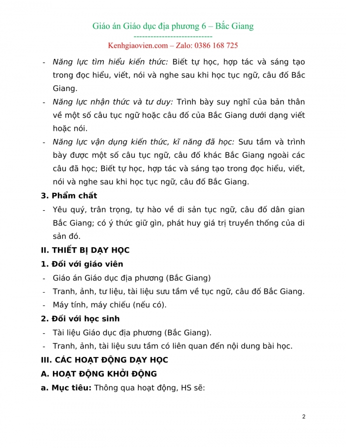 Tài liệu giáo dục địa phương lớp 6 Bắc Giang