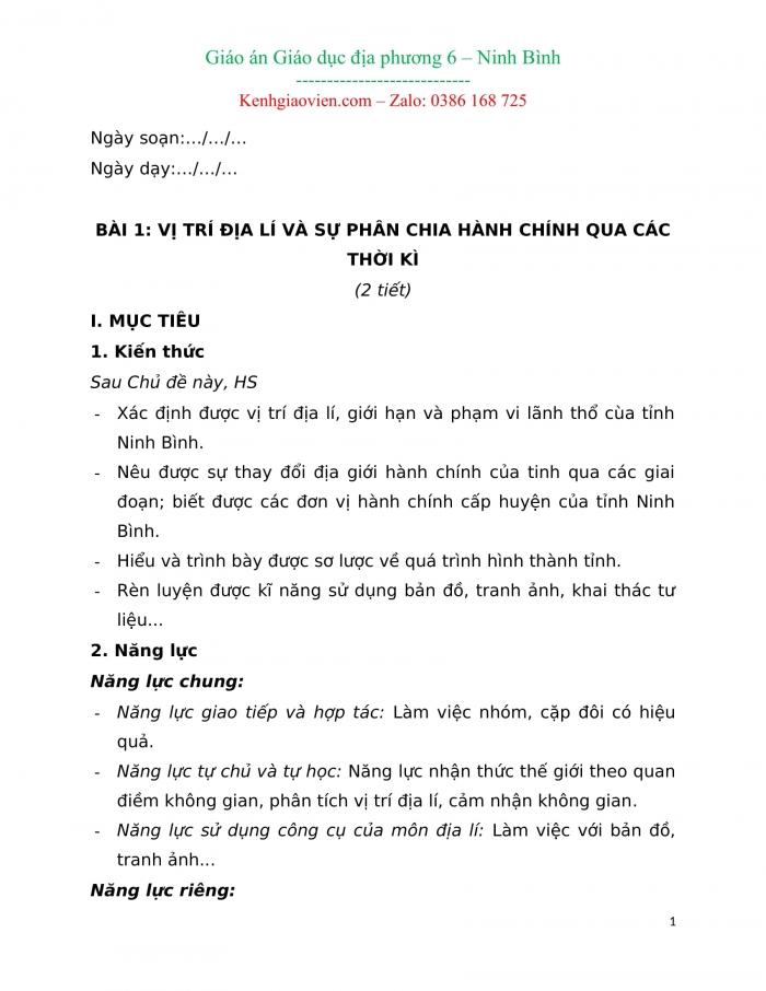 Tài liệu giáo dục địa phương lớp 6 Ninh Bình