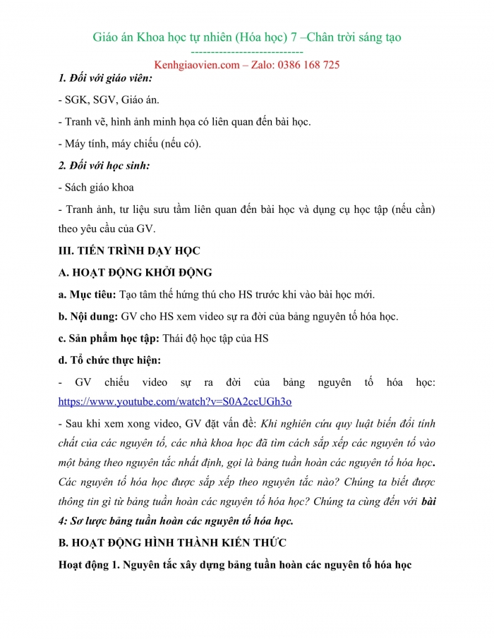 Giáo án hóa học 7 kì 1 chân trời sáng tạo