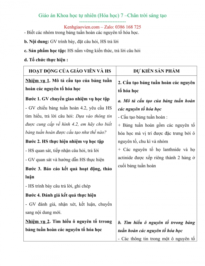 Giáo án hóa học 7 kì 1 chân trời sáng tạo