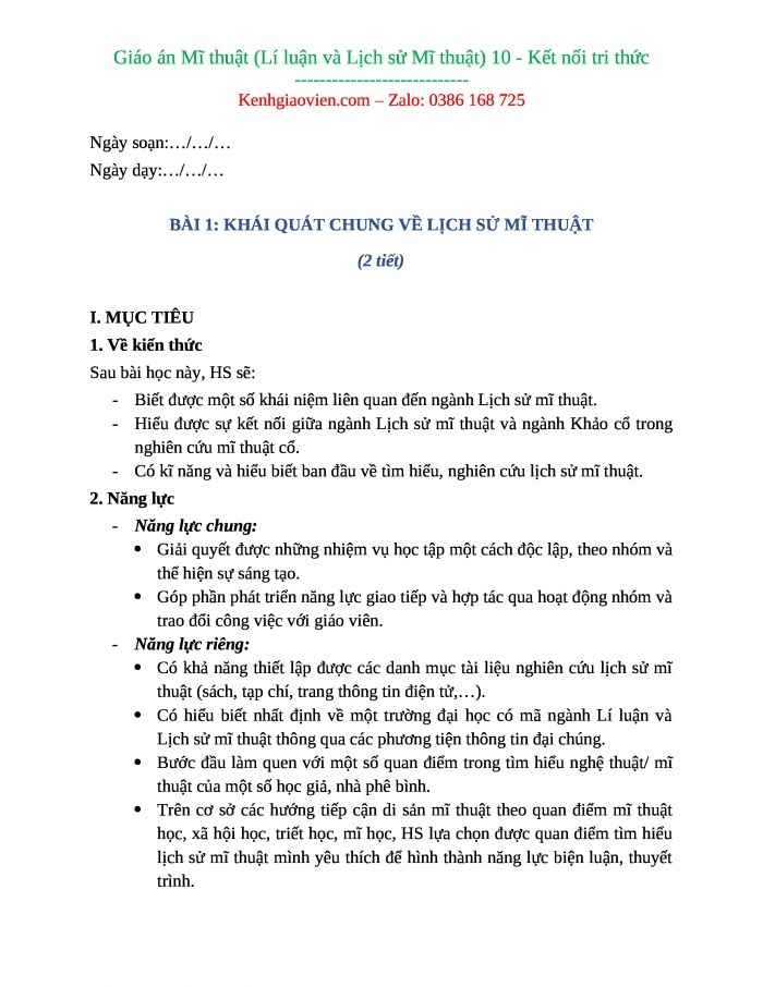 Giáo án mĩ thuật 10 kết nối tri thức (bản word)