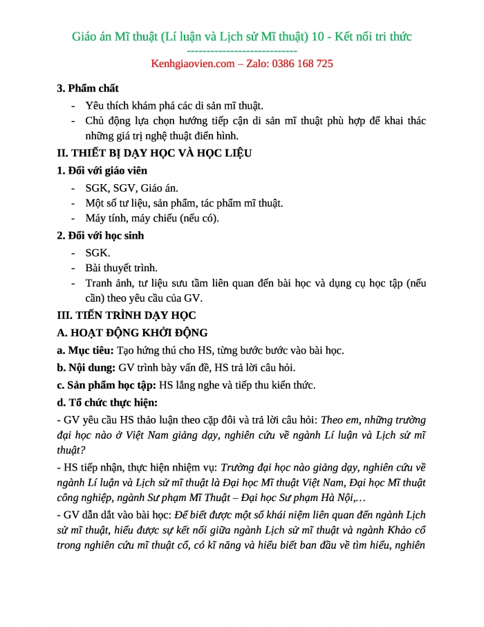 Giáo án mĩ thuật 10 kết nối tri thức (bản word)