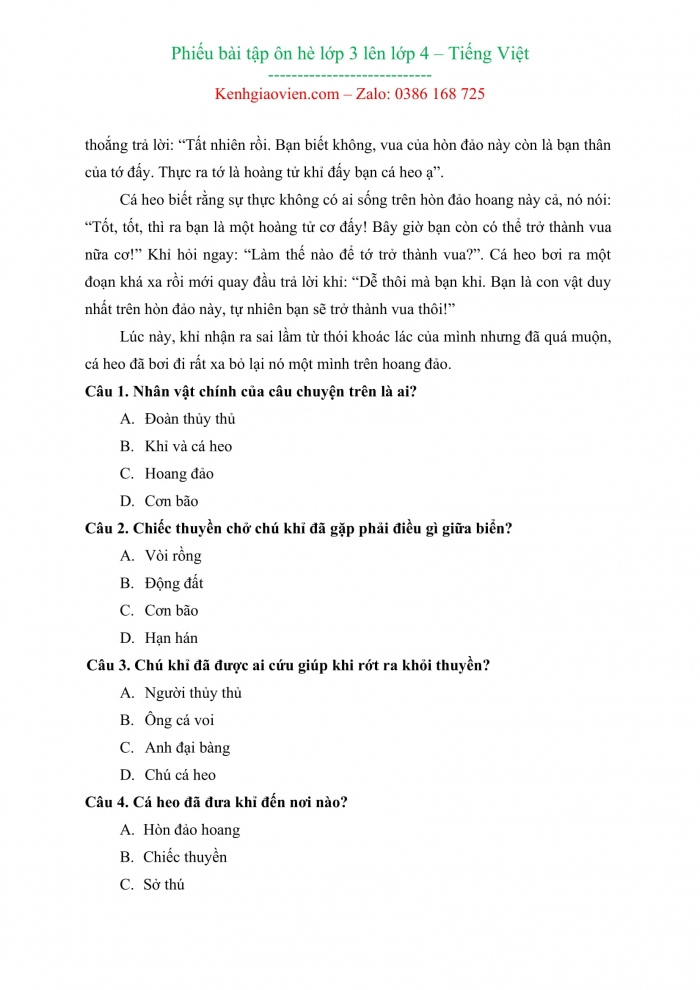 Phiếu bài tập ôn hè lớp 3 lên lớp 4 môn Tiếng Việt