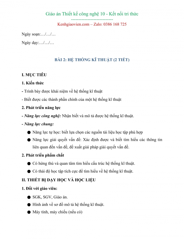 Giáo án công nghệ 10 thiết kế công nghệ kì 1 chân trời sáng tạo