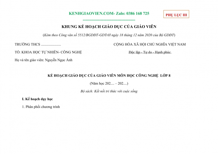 Tải phụ lục 3 Công nghệ 8 kết nối tri thức file word