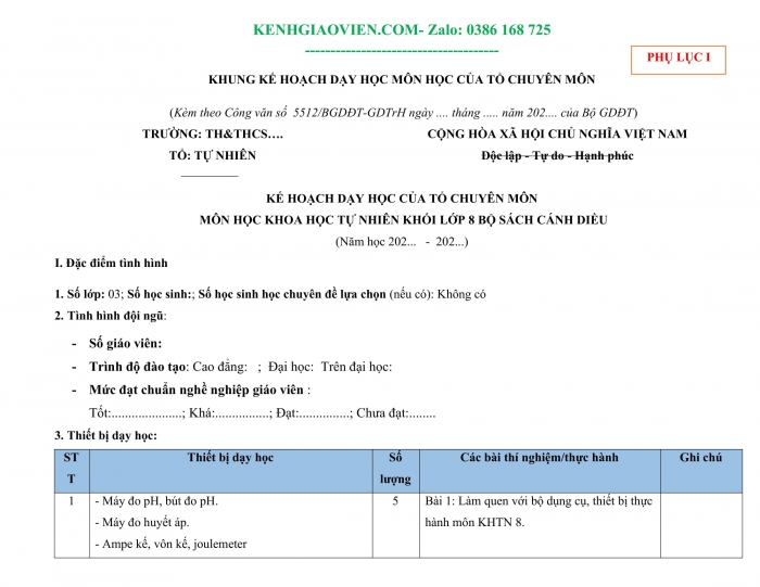 Tải phụ lục 1 Hoá học 8 cánh diều file word