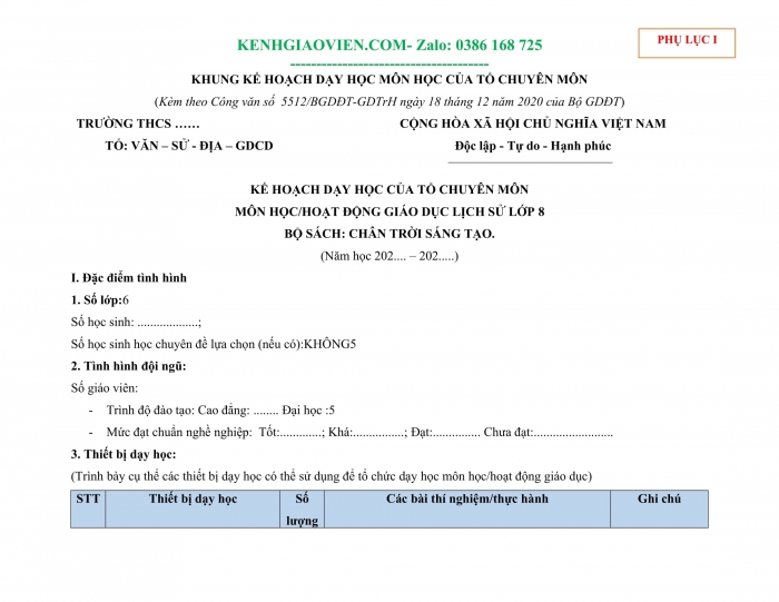 Tải phụ lục 1 Lịch sử 8 chân trời sáng tạo file word