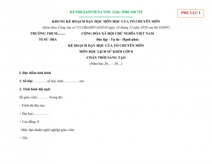 Tải phụ lục 1 Lịch sử 8 kết nối tri thức file word